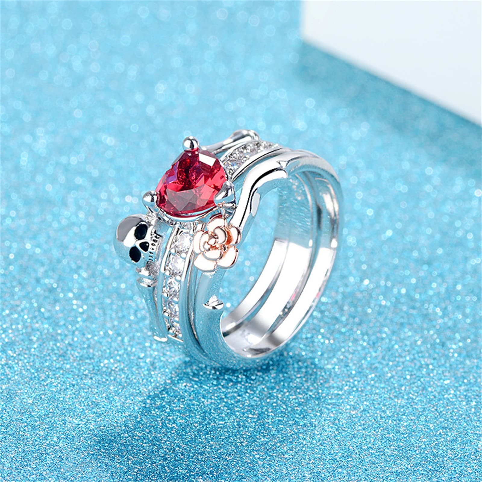 3-in-1 Women Gothic Punk Skull Cube Zirconia Ring Stainless Steel Stackable Ring