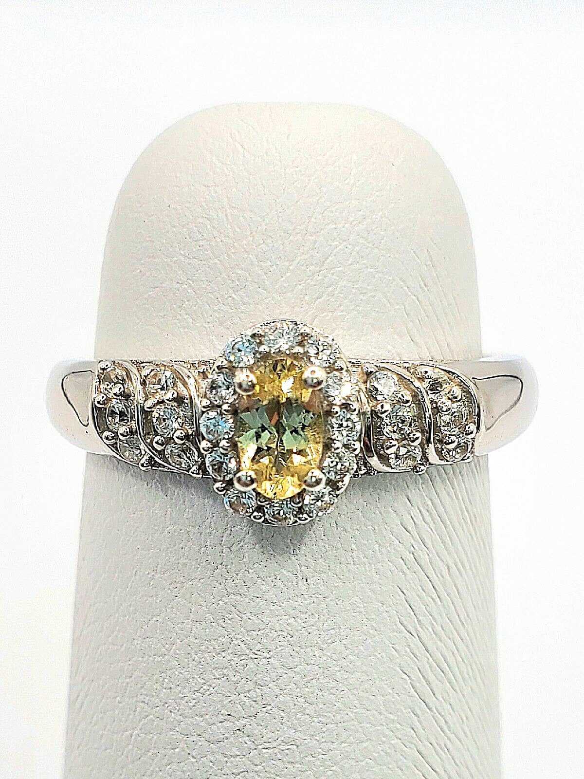 Genuine Heated Golden Apatite, Zircon Ring Rhodium Plated Sterling Silver Size 7