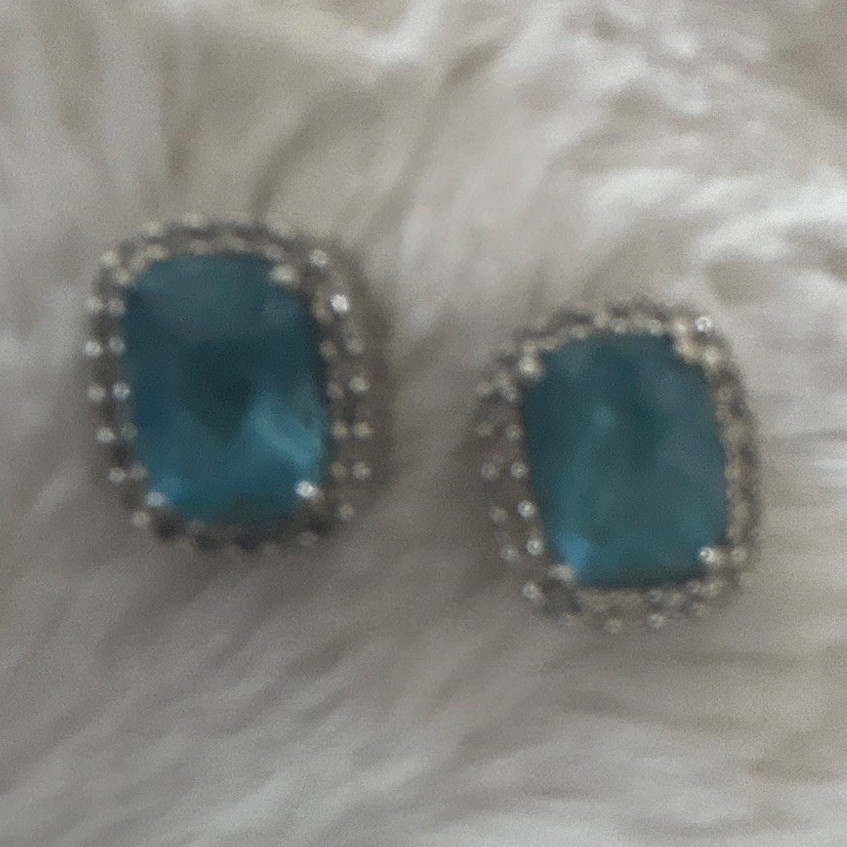 Blue aquamarine diamond silver Cushion Cut Halo Stud Earring