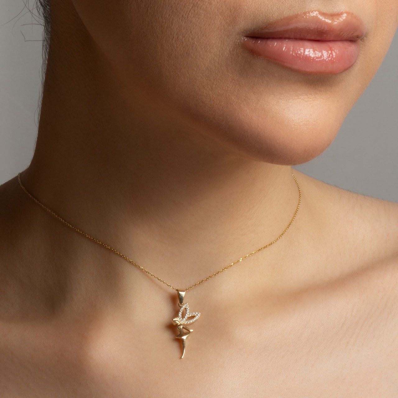 Gold Mystical Fairy CZ Studded Pendant Necklace (Available in Yellow/Rose/White)