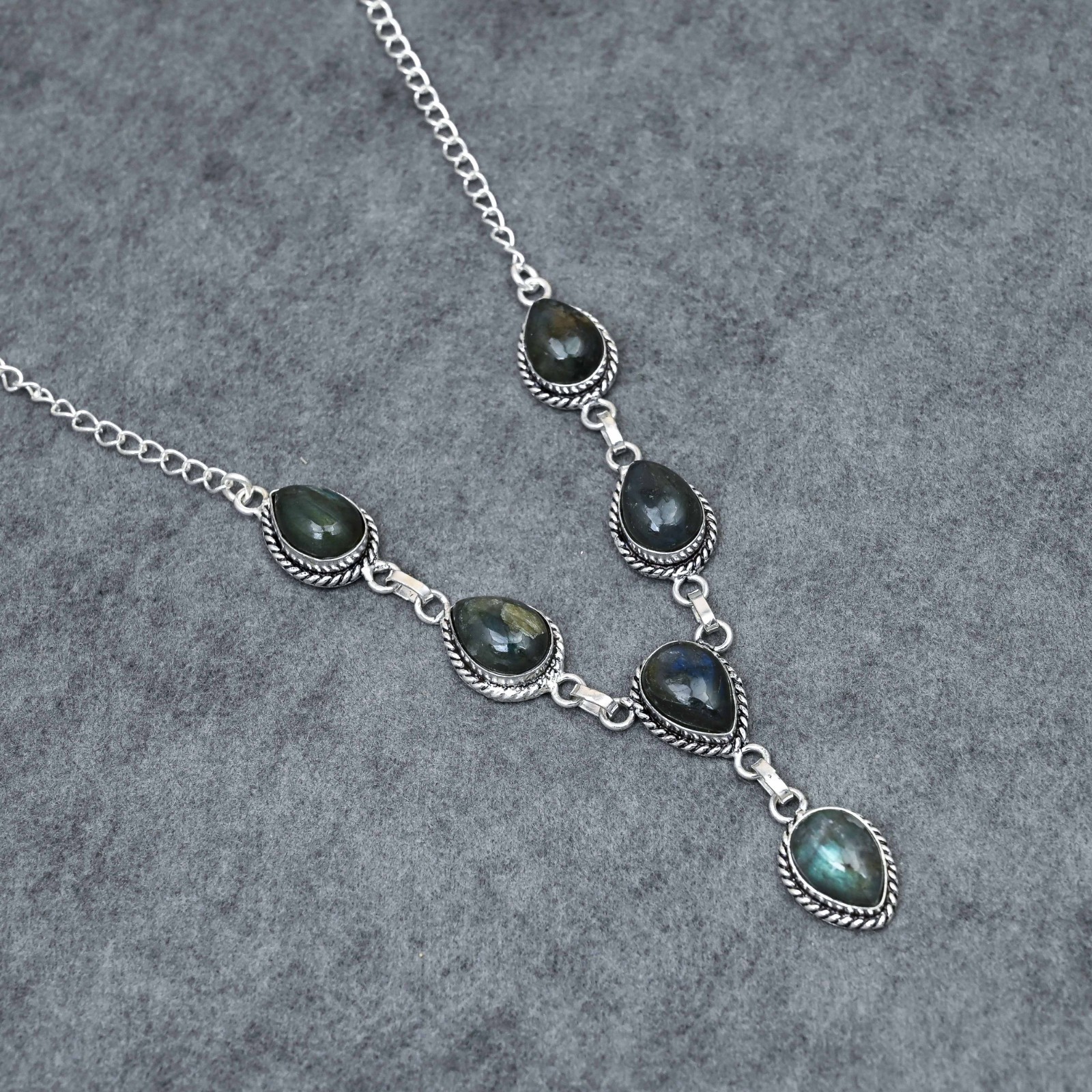 Silver Plated Labradorite Y-Necklace | Multi-Stone Milgrain Cabochon | Artisan