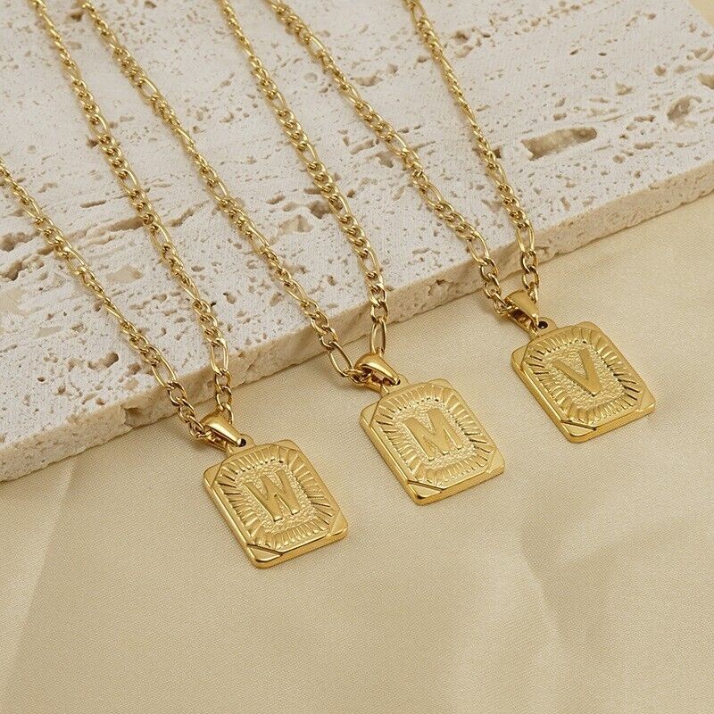 18″ Gold Plated Initial Letter Pendant Necklace Stainless Steel Figaro Chain New