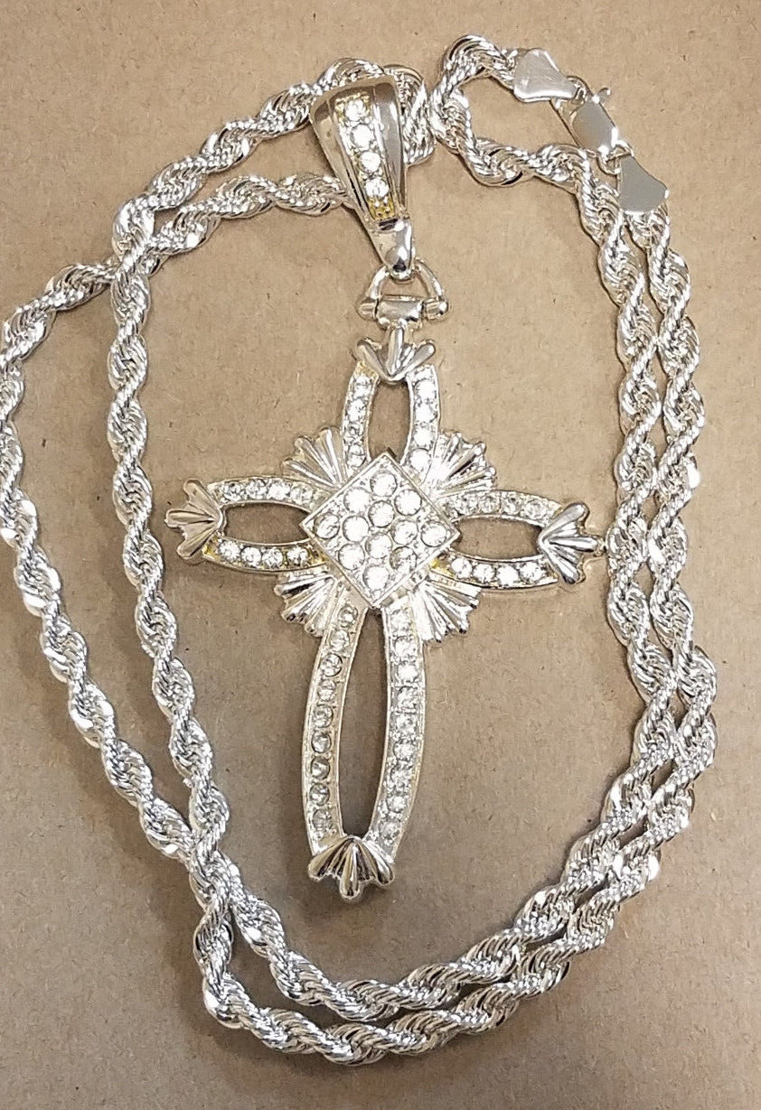 Men’s Silver Plated 30in Long 7mm Wide Rope Chain & Large Open CZ Cross Charm