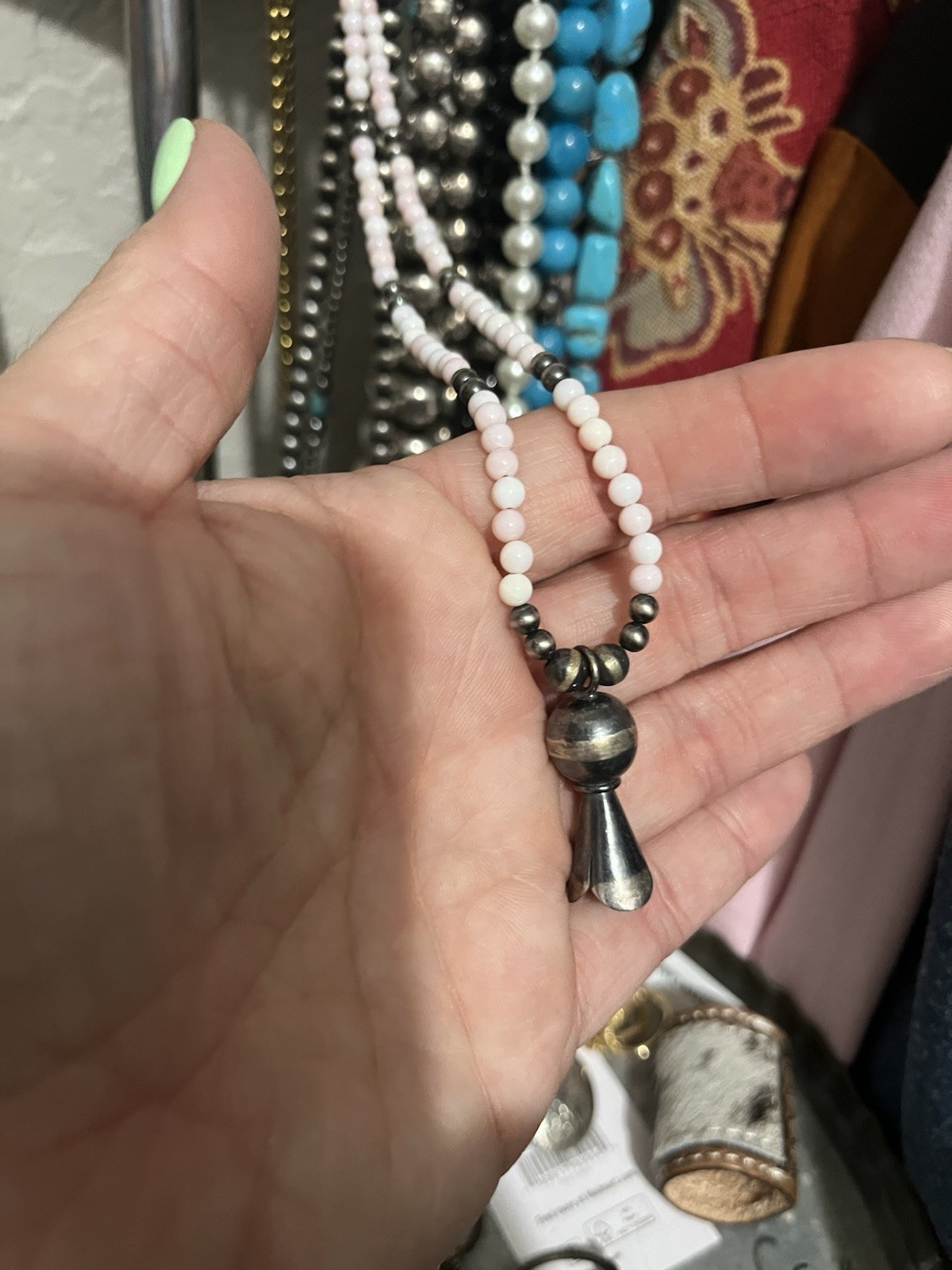 Pink conch and Navajo pearl Necklace Tassel Pendant Ball/Bead Chain