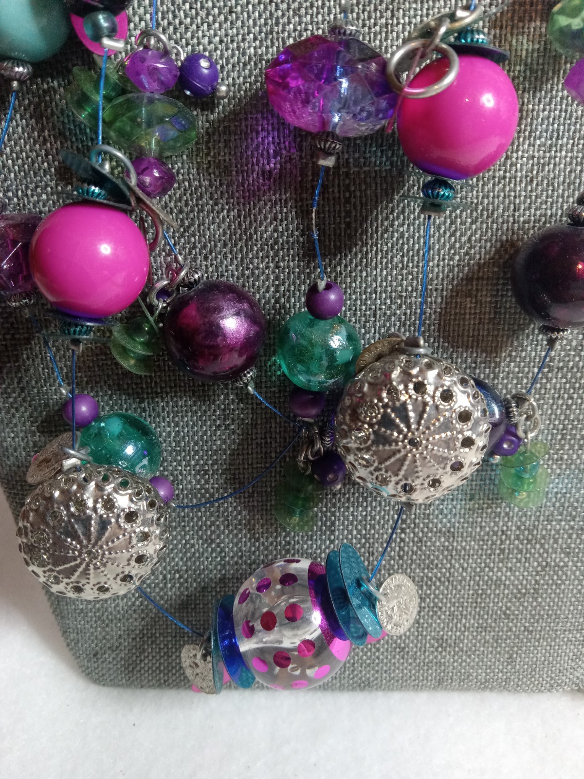 Multicolor Beaded Silver Accent Beads Layered Statement Glass & Sequin Necklace