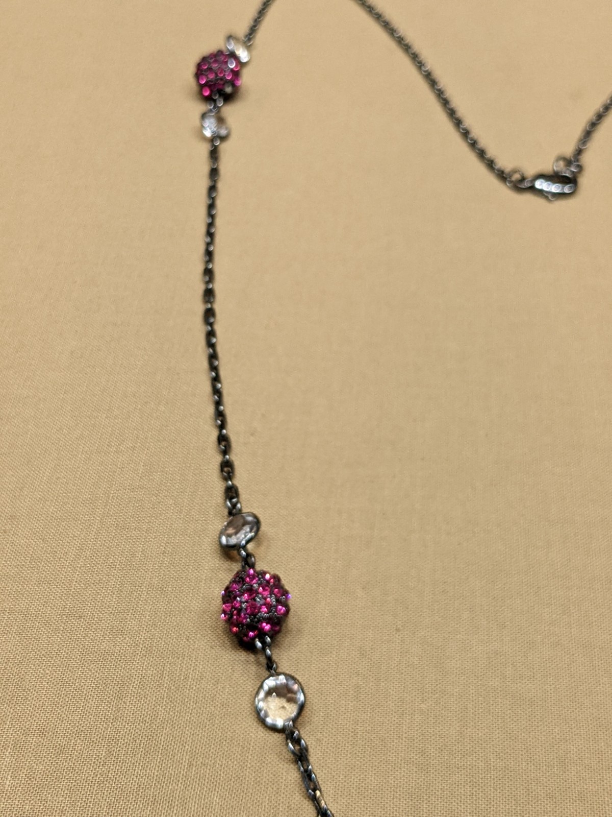 Pink Rhinestone Disco Ball Necklace Clear Crystal Black Tone Chain ~48″
