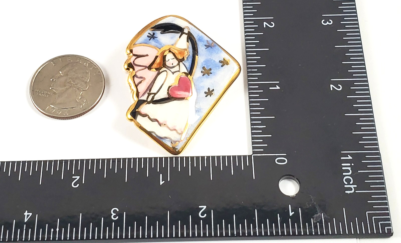 Vintage Angel Multicolor Ceramic Enamel Brooch-Celestial Heart & Stars Pin