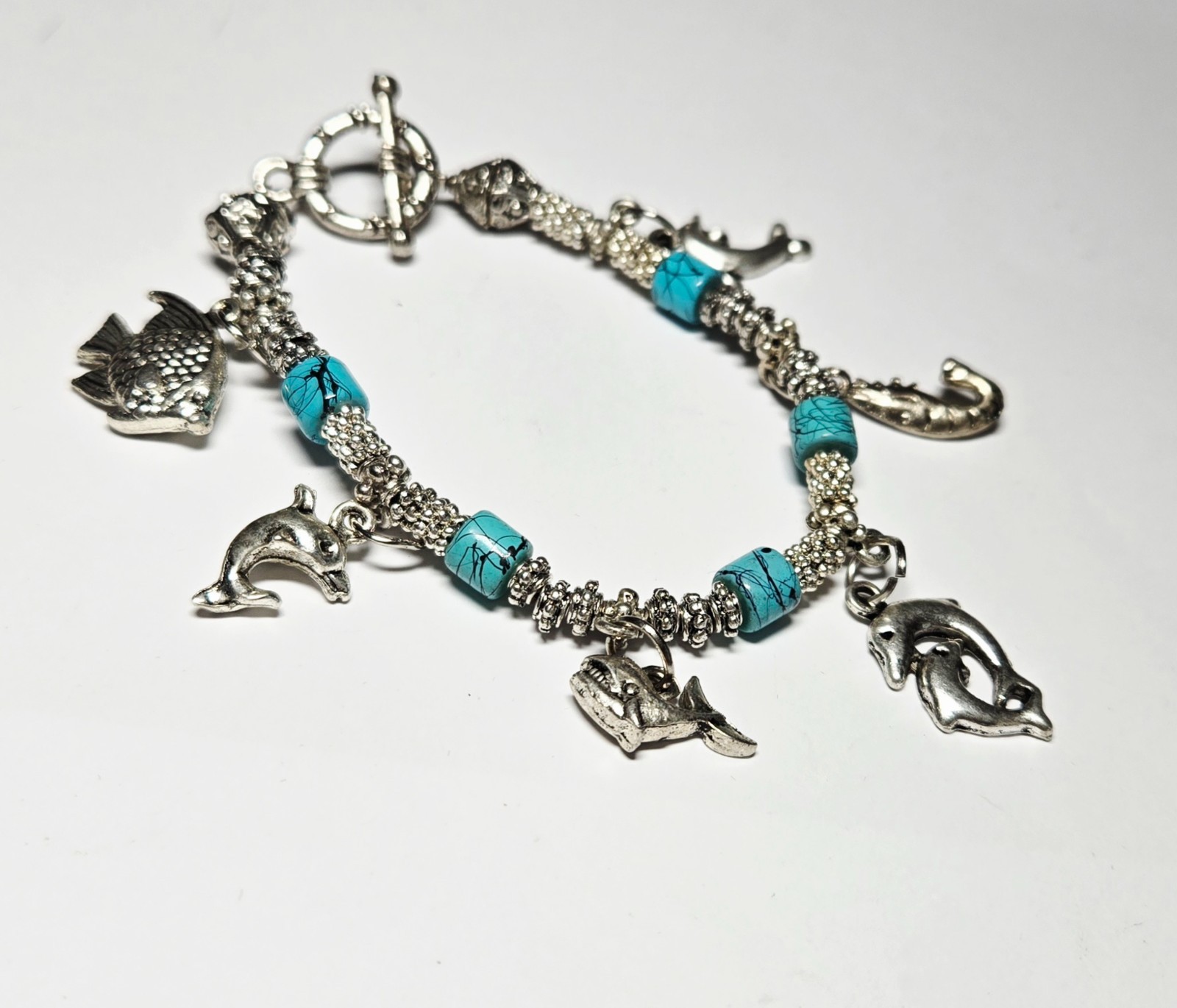Wholesale Bracelets Lot of 12 Blue Silver tone Beaded Toggle Bracelet no stretch