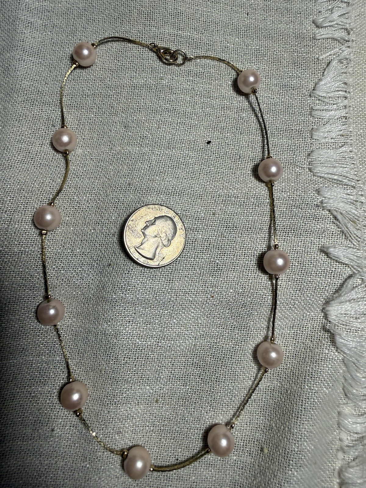 #6 Gold Tone Station Cable Chain Necklace Pink Round Pearl Bezel 18” Spring Ring