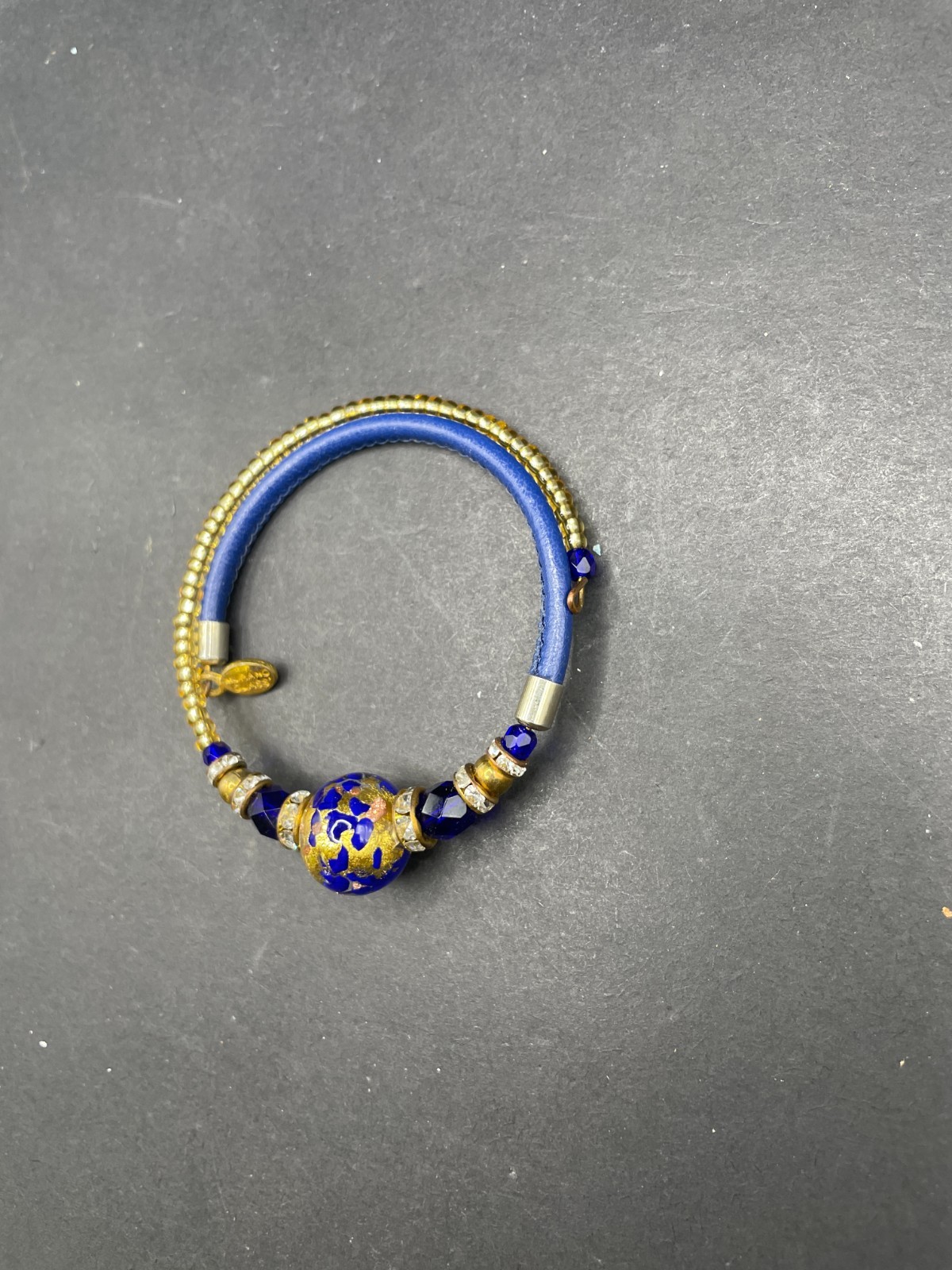 Murano Glass Coil Wrap Bracelet Blue Gold Foil Venetian Bead Rhinestone Leather