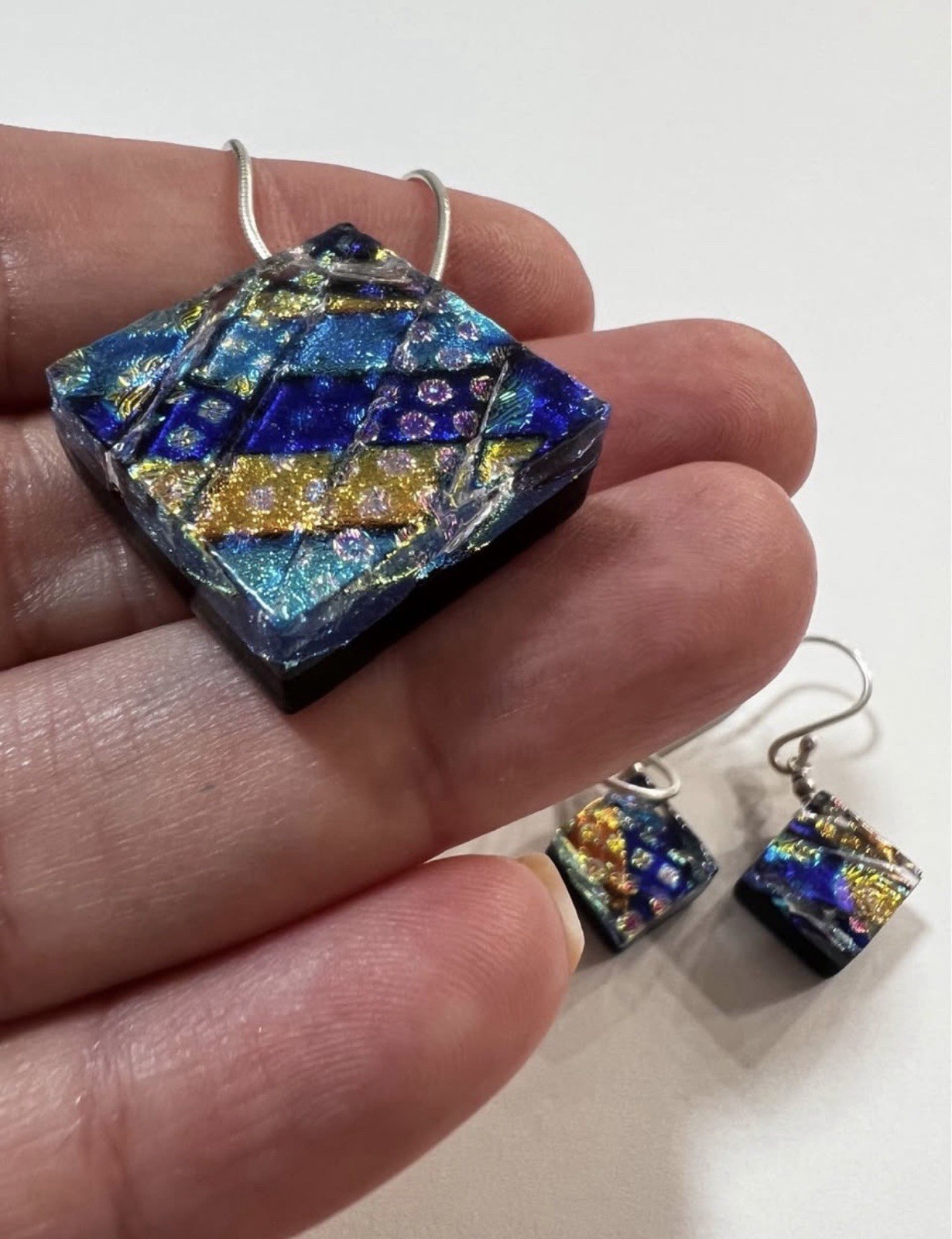 925 Sterling Silver Italy Snake Chain & Dichroic Glass Pendant and Earrings!