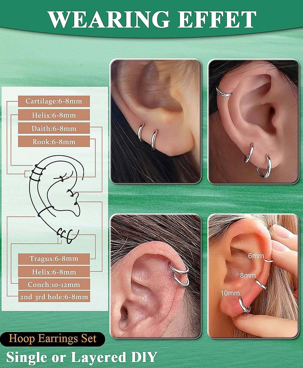 6mm-10mm Surgical Steel Huggie Hoop Earrings Flat Back Stud Set Piercing Jewelry
