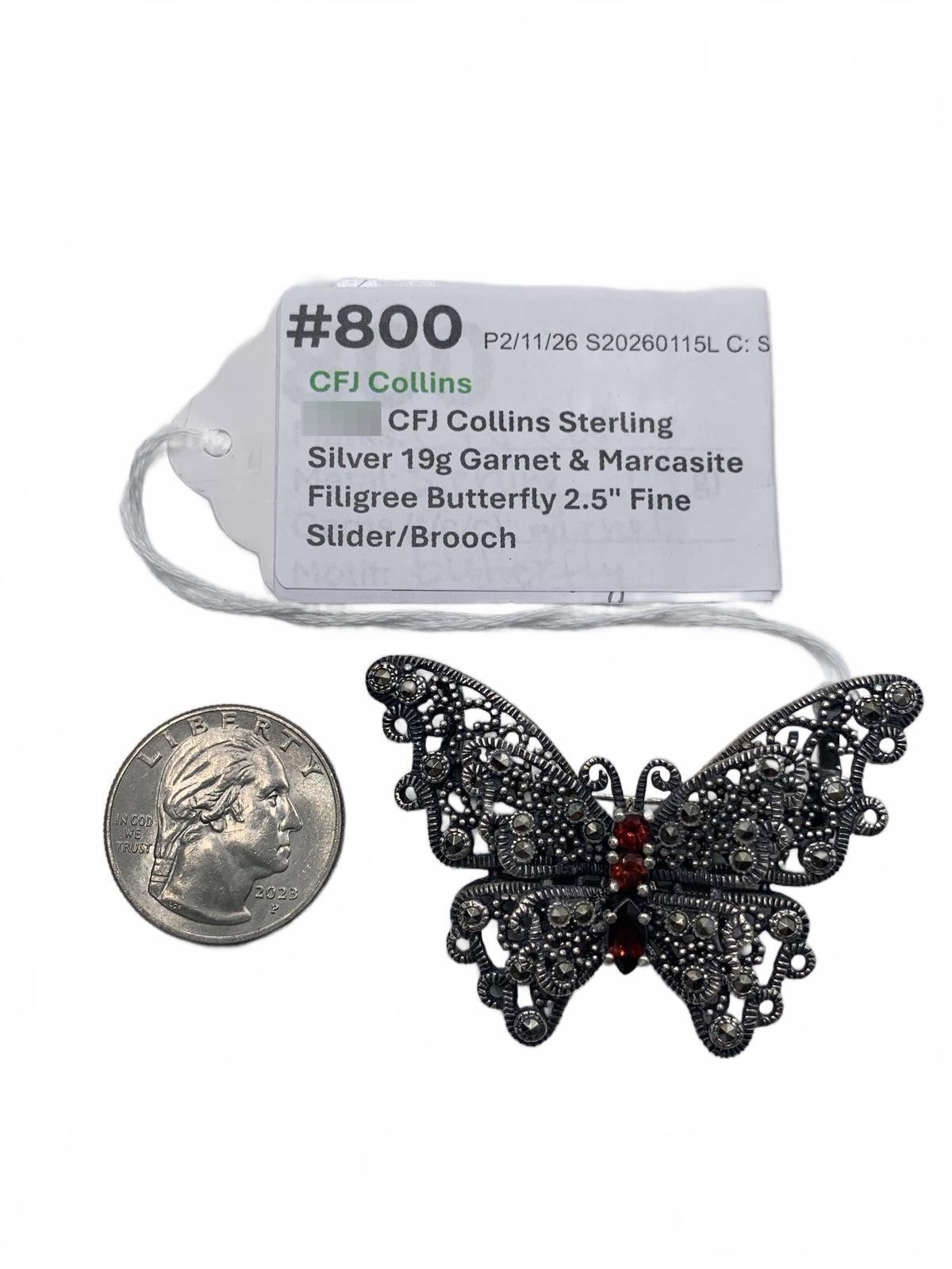 CFJ Collins Sterling Silver Garnet & Marcasite Butterfly Brooch/Enhancer