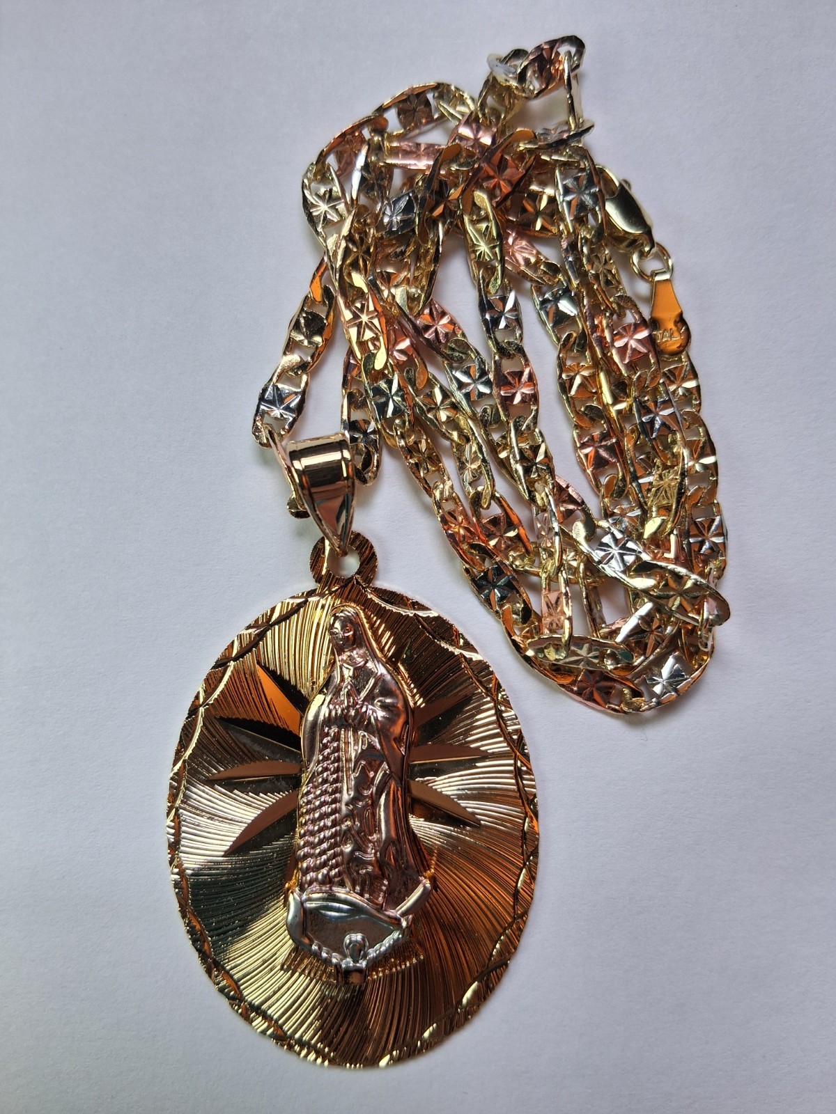 Virgin of Guadalupe Pendant, 24″ Valentino Link Chain, Gold-Plated & Tri-Tone