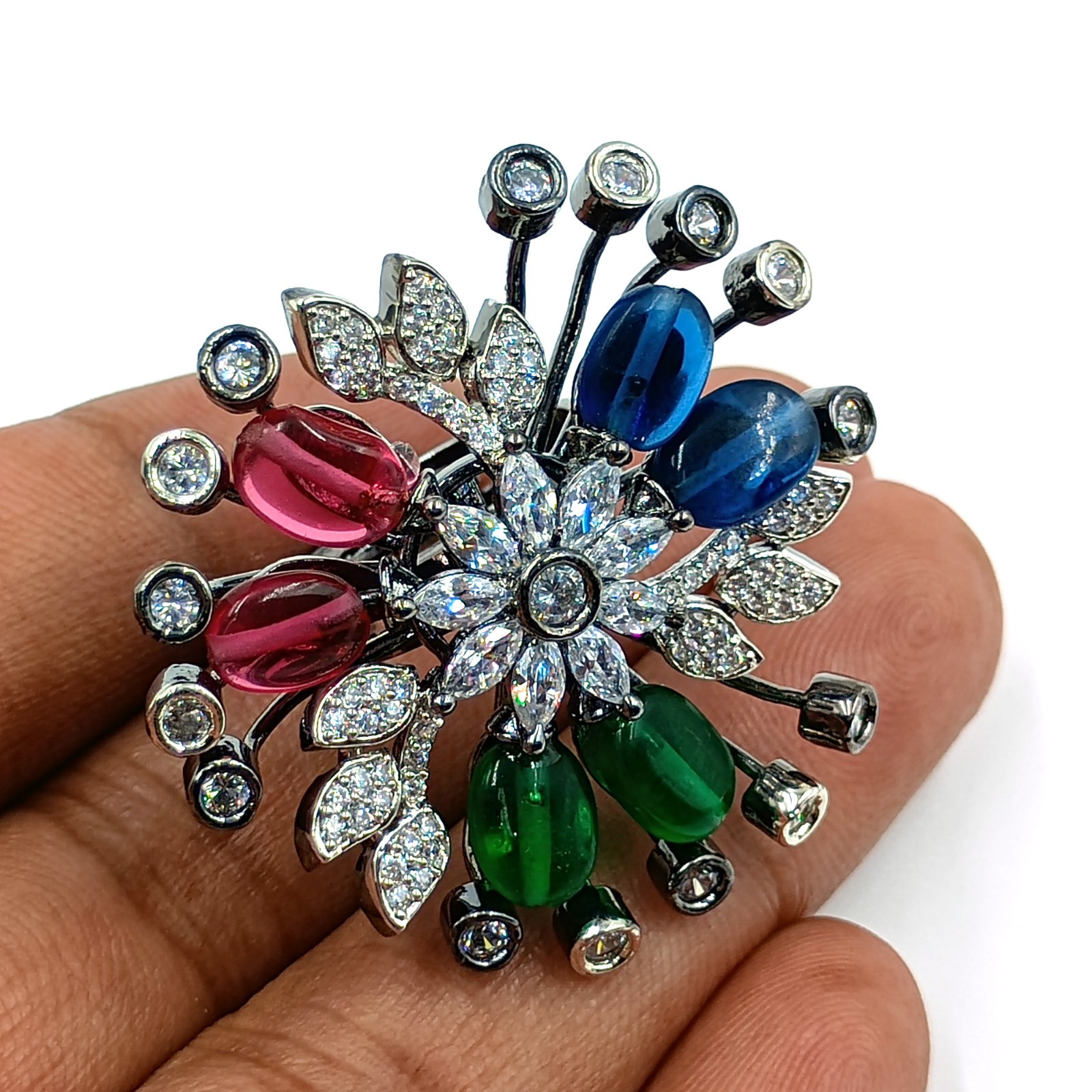 Handmade Multi Stone Ring Adjustable Cubic Zirconia Black Rhodium Plated Boho