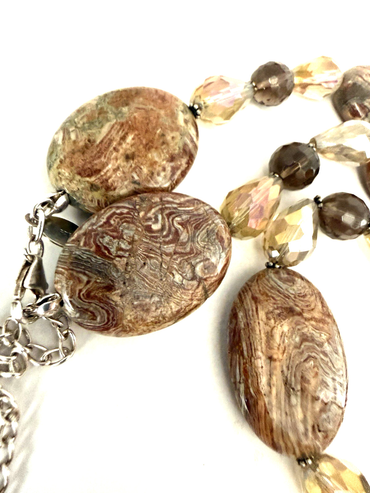 DONNA DRESSLER 17″ Chunky Brown/Orange Agate & Crystal 925 Sterling Necklace