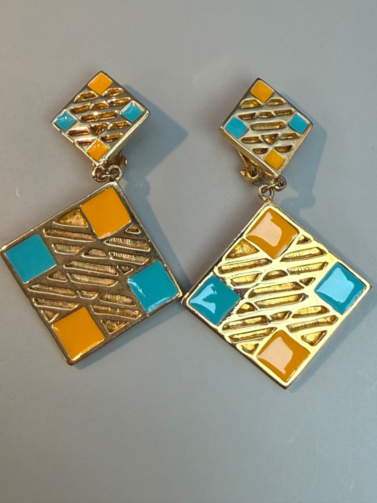 Vintage Valentino Garavani Geometric Enamel & Gold tone Clip on Earrings