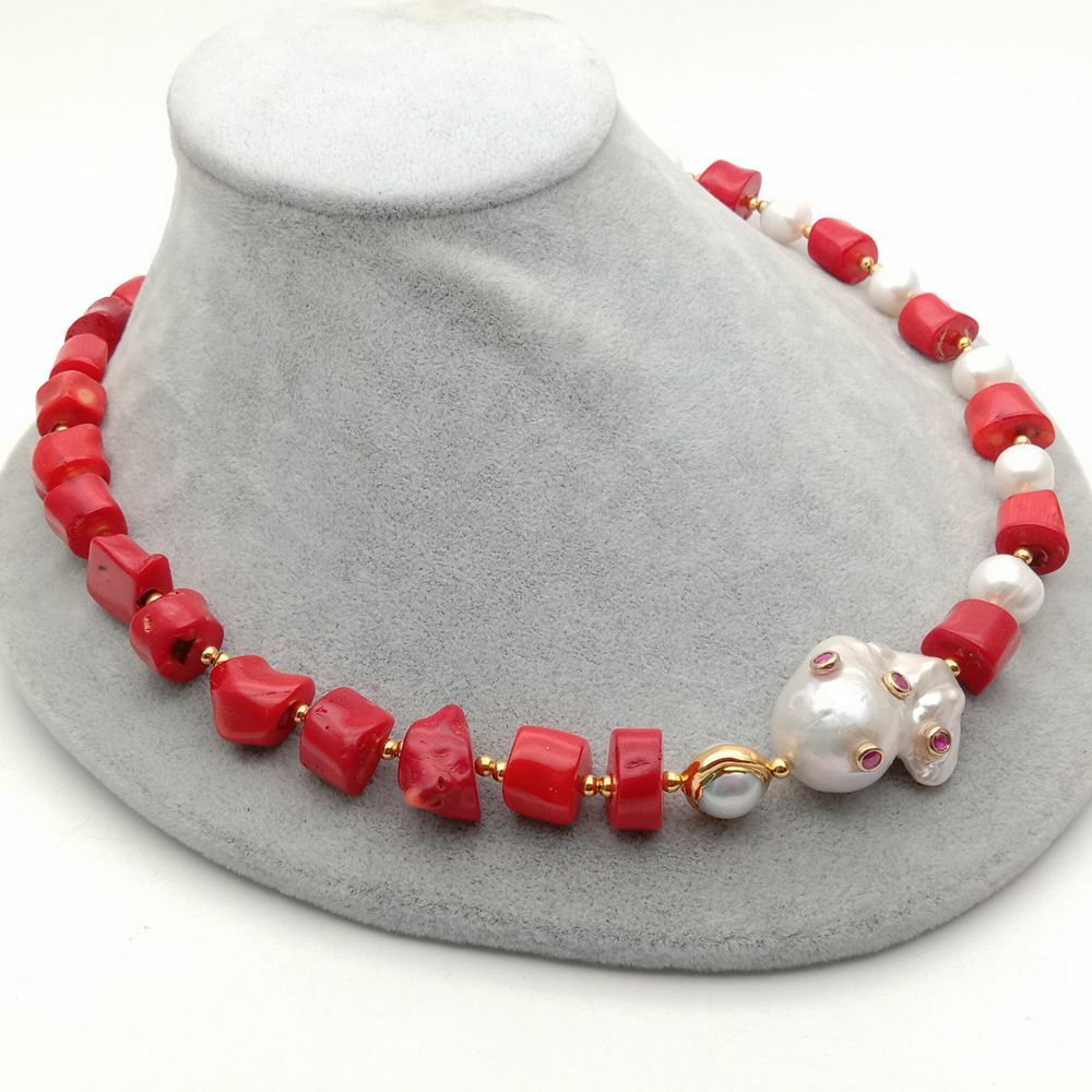21″ Red Coral White Pearl Necklace White Keshi Pearl Cz pave Pendant