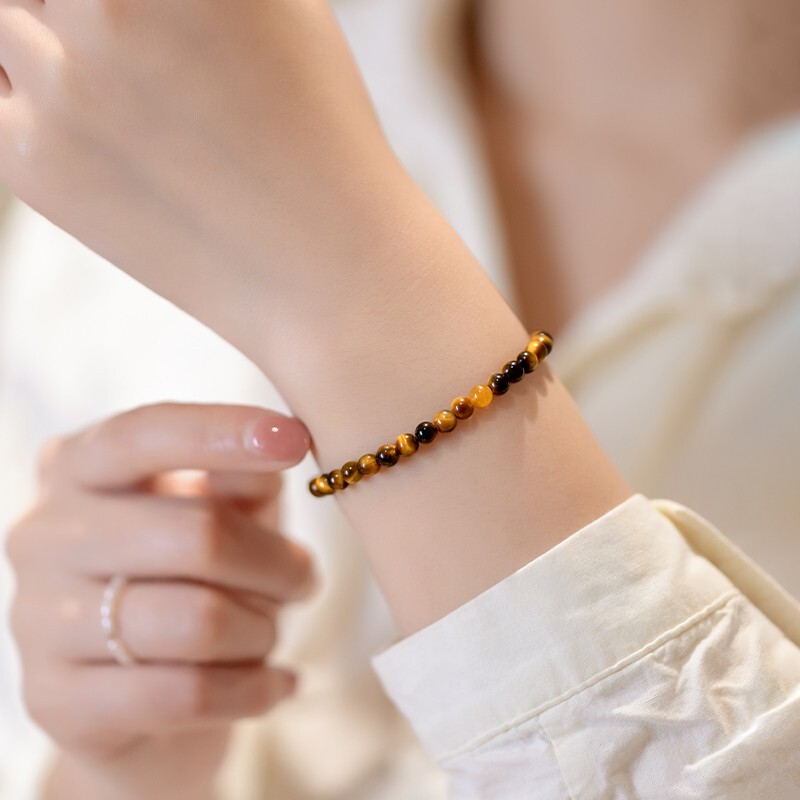 Natural 4mm Tiger’s Eye Stone Beaded Bracelet Brown Gemstone Bracelet Handmade