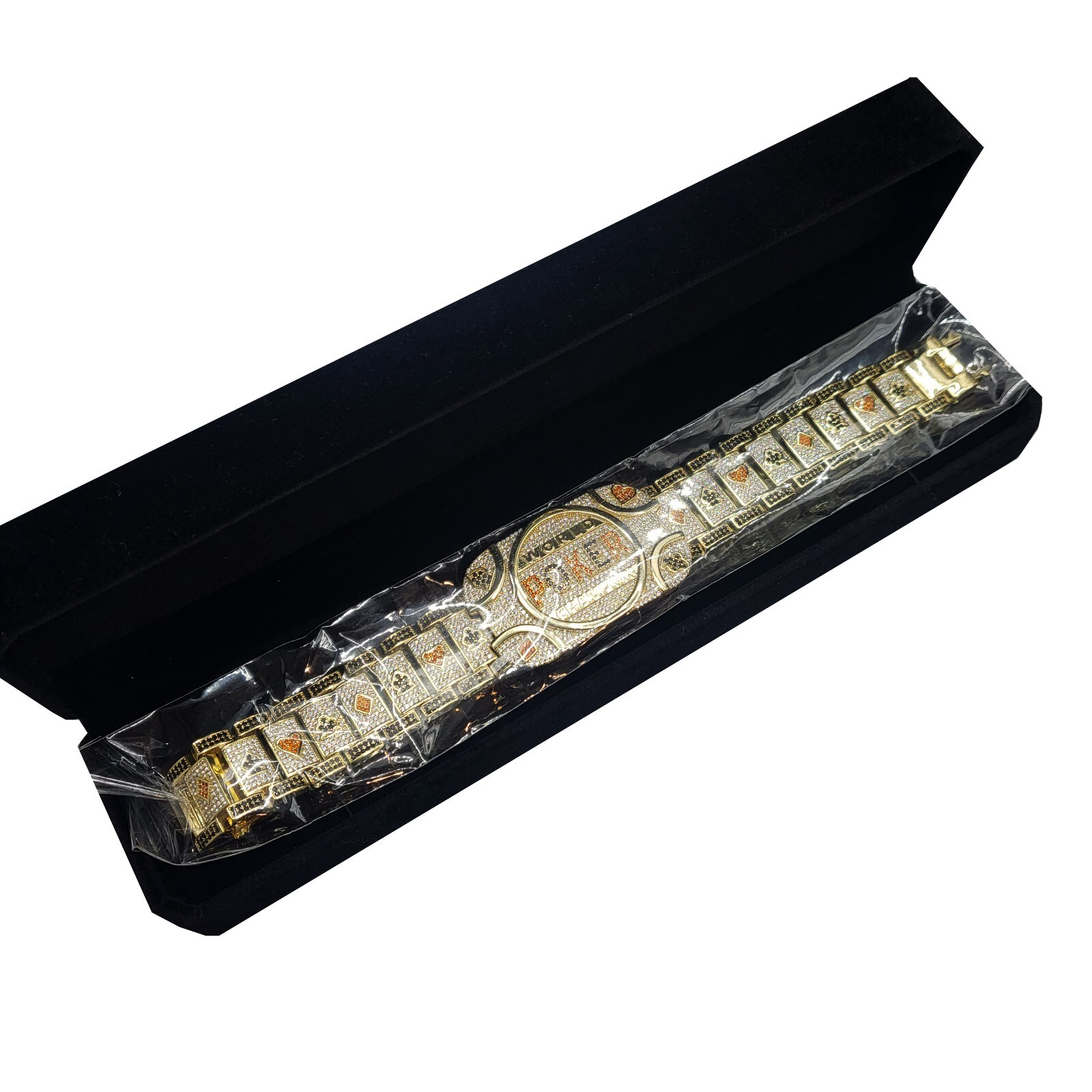 Wold Poker Champion Bracelet Brass Iced 8.5″ Simulated Diamond Gold Plated Bling