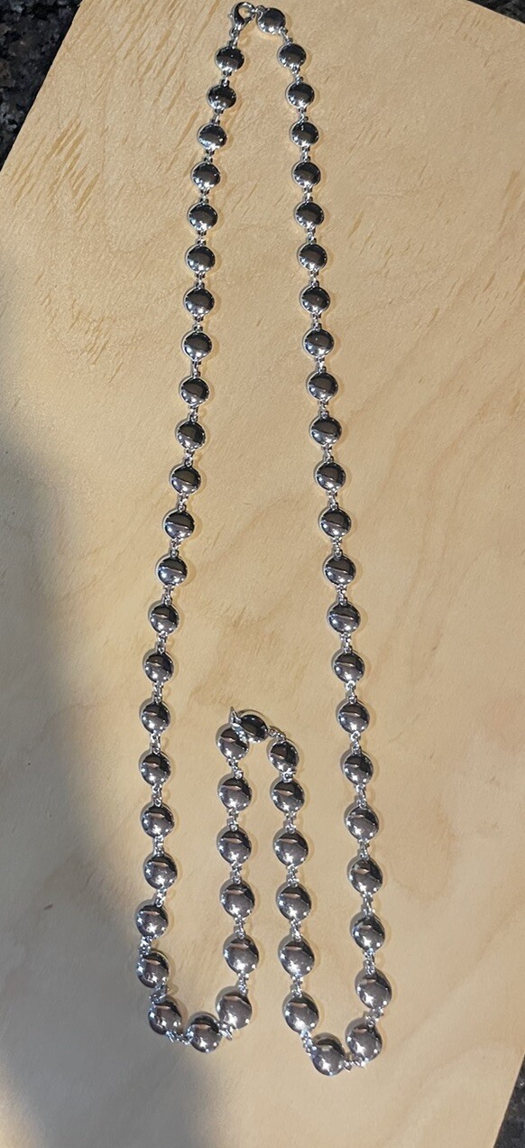 Silver Tone Round Flat Beaded Necklace 36 inches Lobster Claw Clasp
