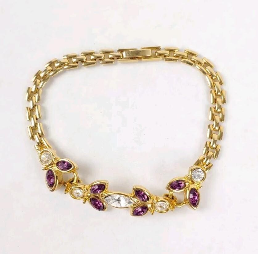 Gold Tone Bracelet Purple & Clear Rhinestones 7.5″