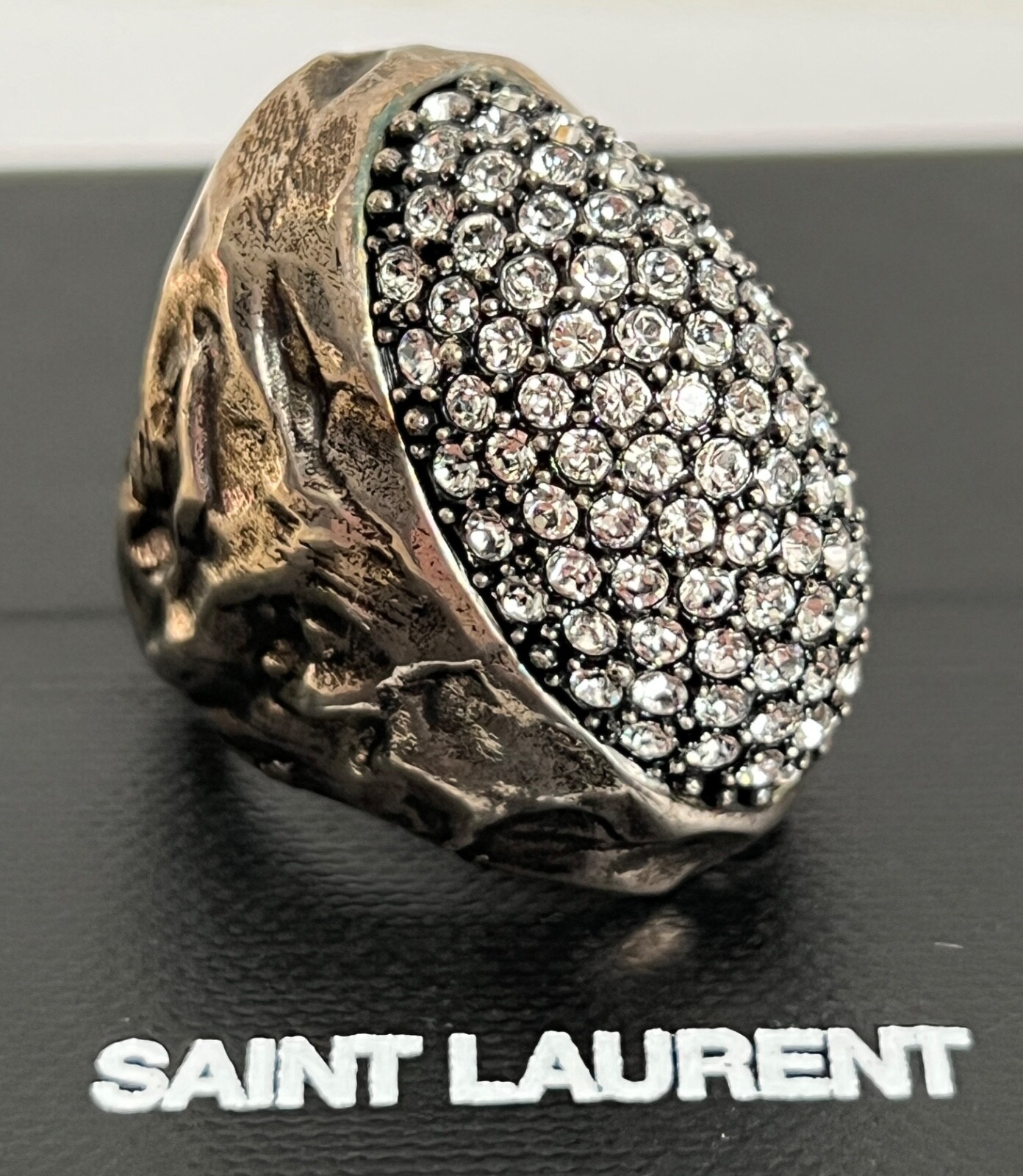 NIB Saint Laurent YSL Crystal Egg Molten Silver Brass Dome Cocktail Ring 7 $895