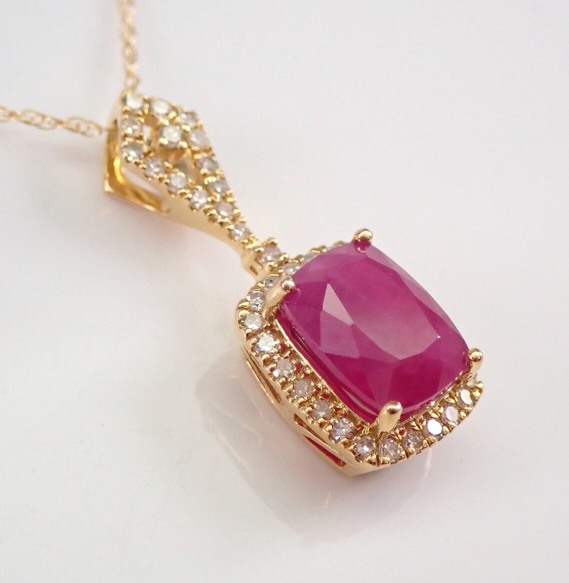 Cushion Simulated Pink Ruby Halo Women’s Pendant Chain In 14k Yellow Gold Plated