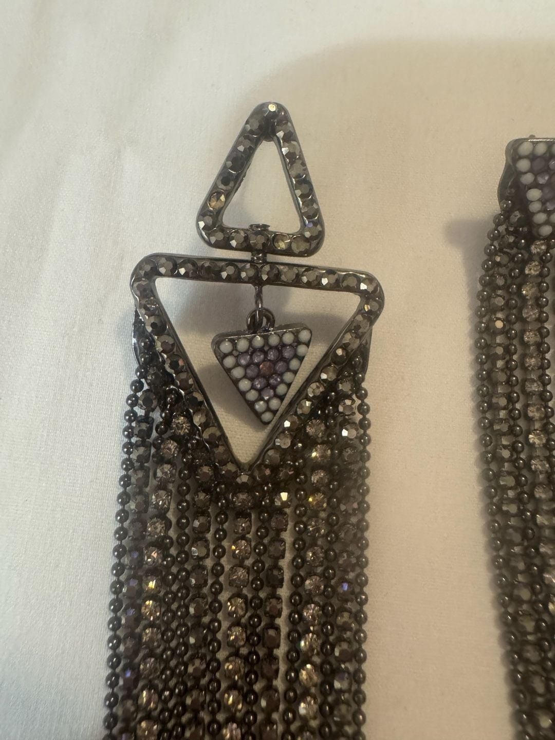 Gunmetal Geometric Rhinestone Asymmetrical Fringe Statement Fringe Earrings