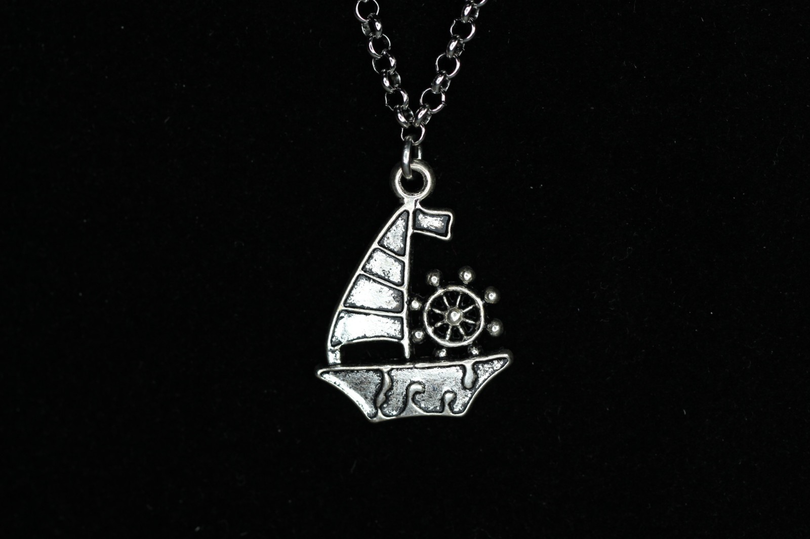 Sailboat Necklace Silver Pewter Charm 1″ Pendant 3mm Stainless Chain 18″ Mariner
