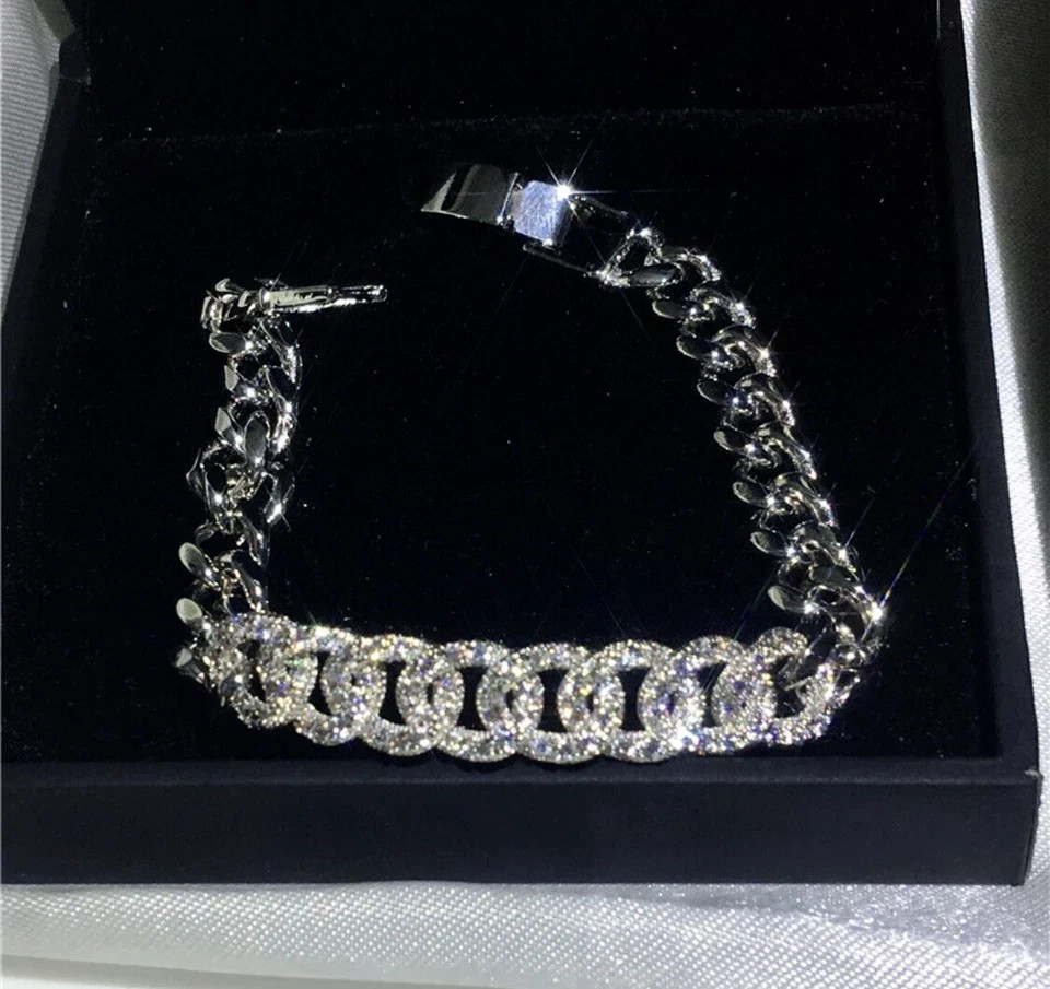 18K Platinum Plated Cuban Chain Bracelet Simulated Diamond Elegant Festival Gift