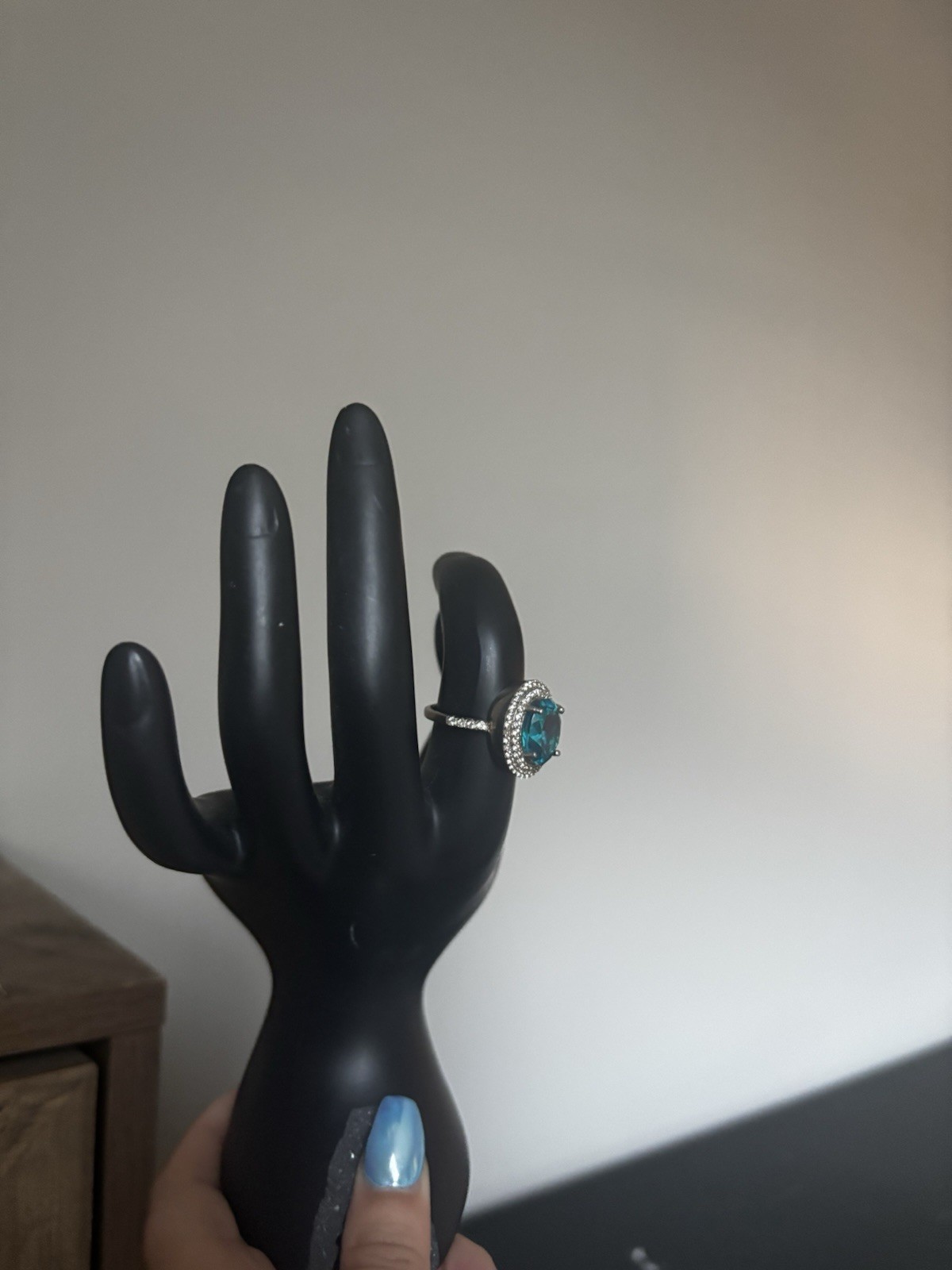 Silver Tone Oval Blue Stone Halo Cocktail Ring Size 6.5 Metal Jewelry