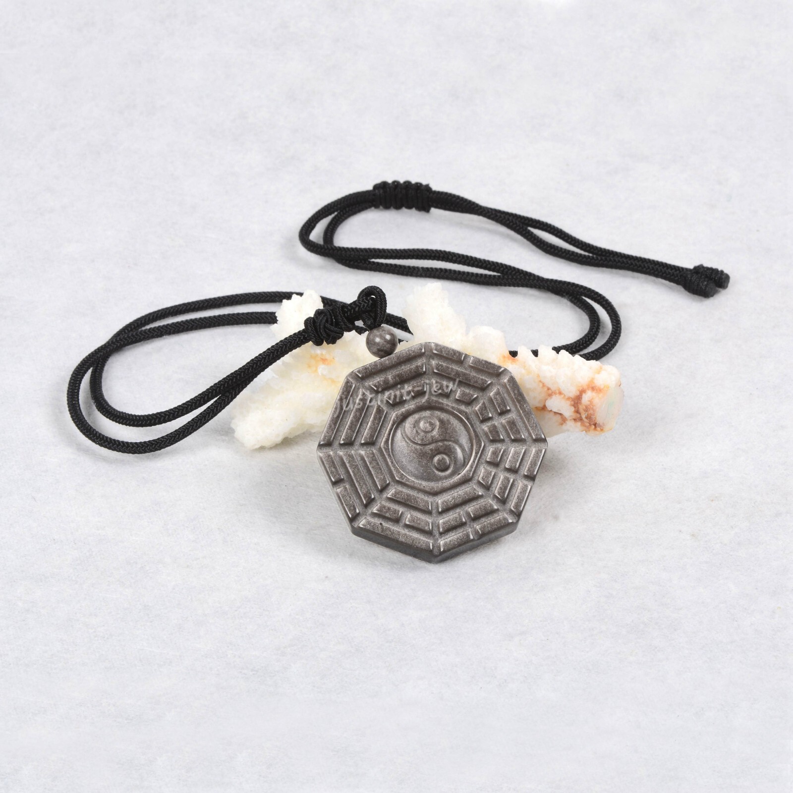 40mm Silver Obsidian bagua Chakra Pendant Adjustable Necklace 16-26 inch