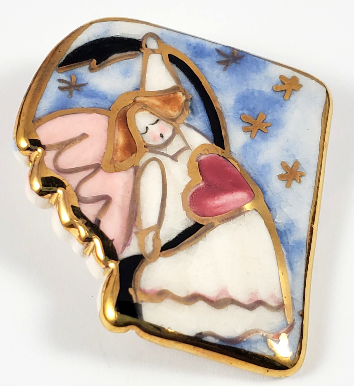 Vintage Angel Multicolor Ceramic Enamel Brooch-Celestial Heart & Stars Pin