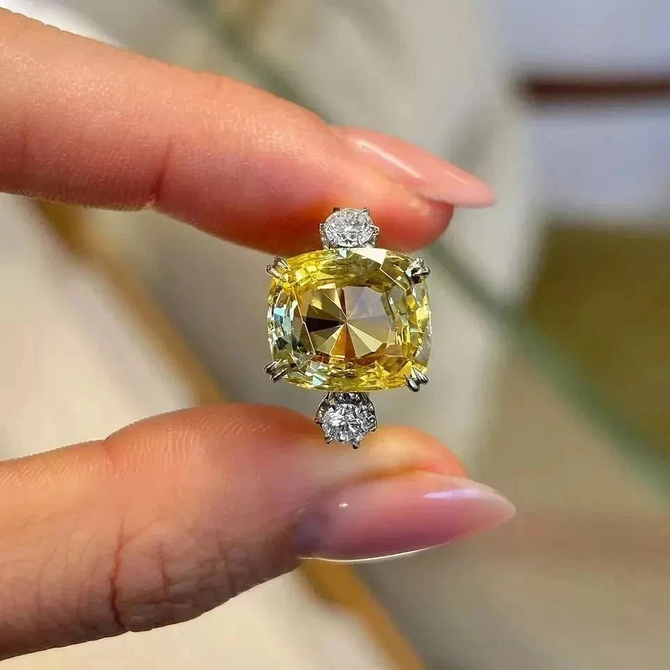 11.69 Ct Cushion Natural Yellow Sapphire Diamond Wedding Ring 14k Yellow Gold 7