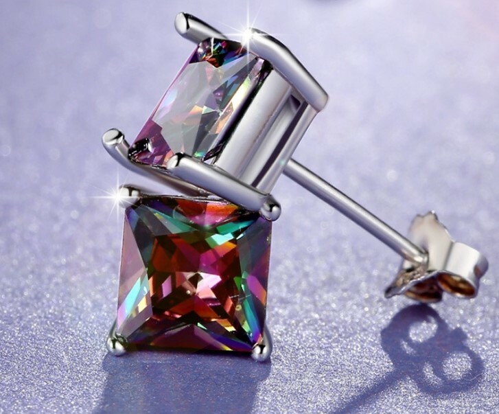 6mm Silver Square Round Mystic Fire Rainbow Topaz Princess CZ Stud Earrings PE22