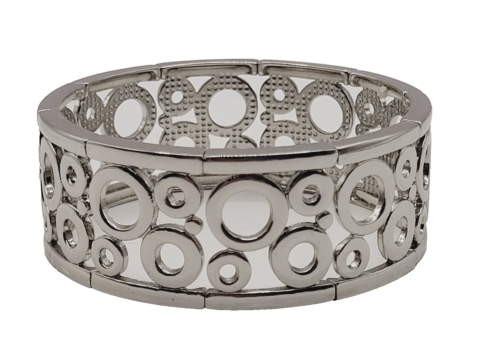Modern Art Deco Open Circles Shiny Silver Tone Stretch Modernist Bracelet