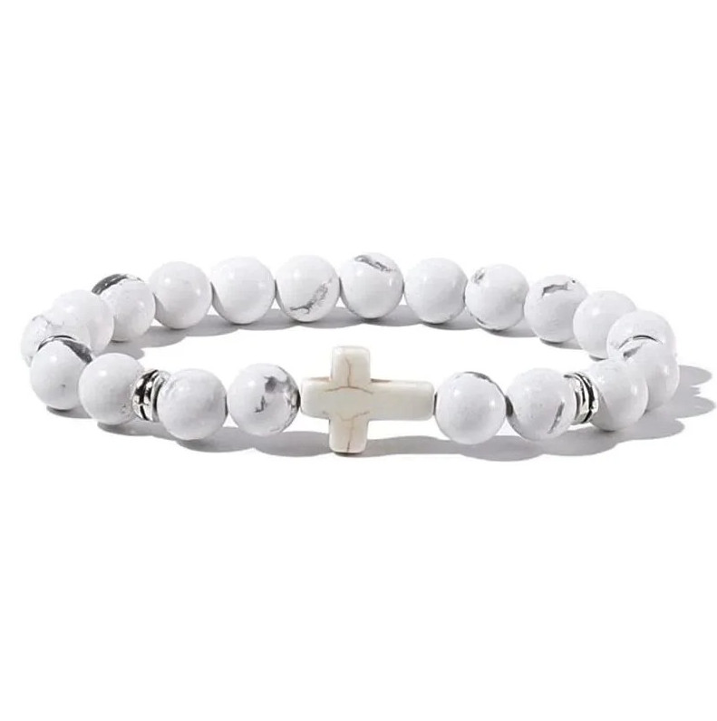 1pc Natural Stone & Wood Bead Prayer Bracelet with Cross – NEW