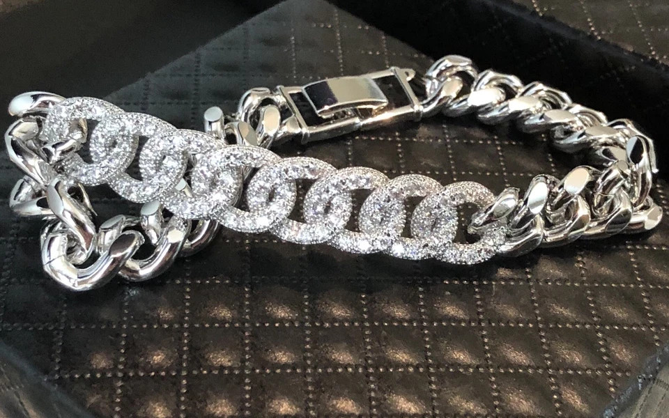 18K Platinum Plated Cuban Chain Bracelet Simulated Diamond Elegant Festival Gift