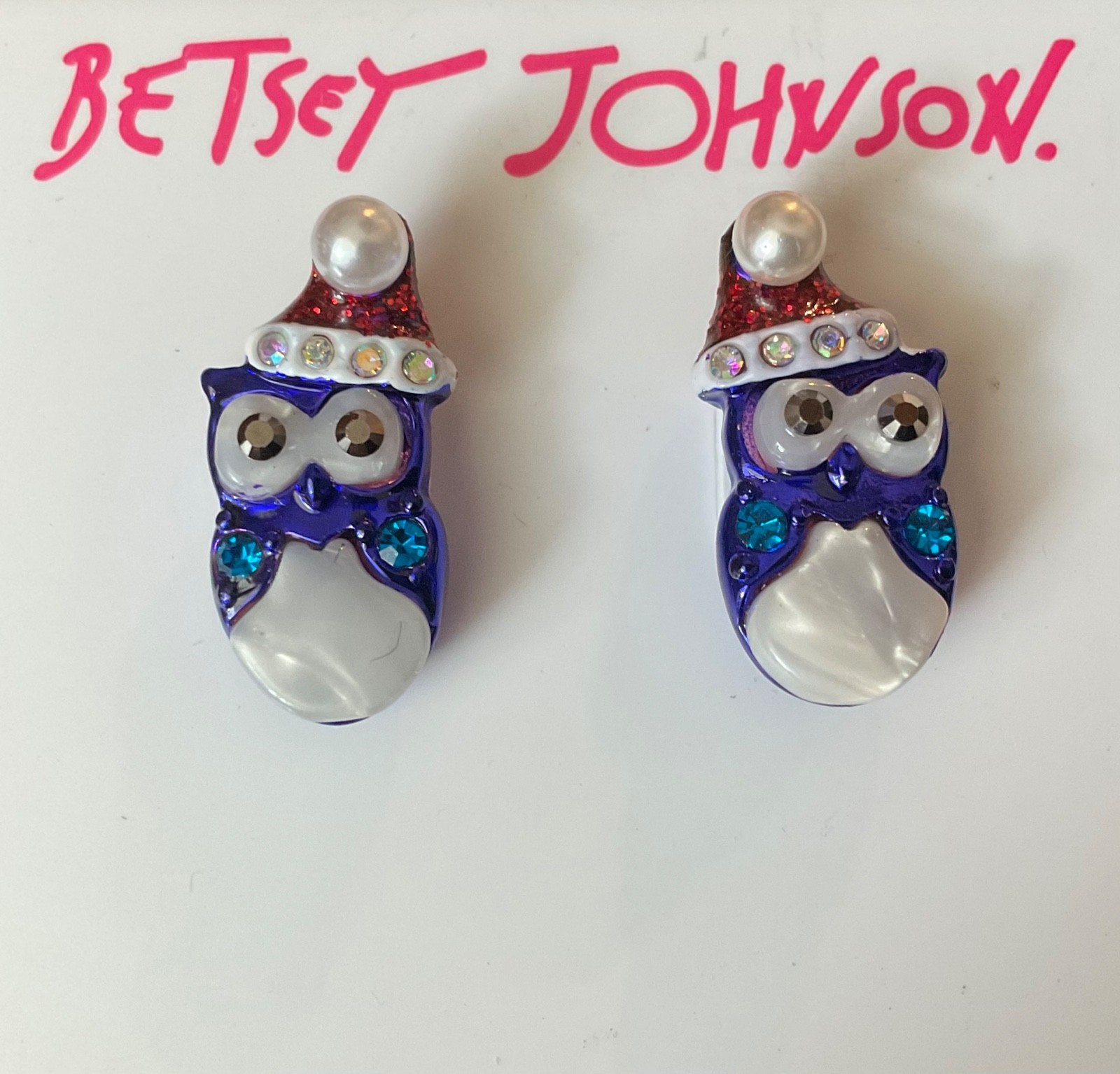 Betsey Johnson Blue Christmas Owl with Santa Hat Earrings Post Stud Faux Pearl