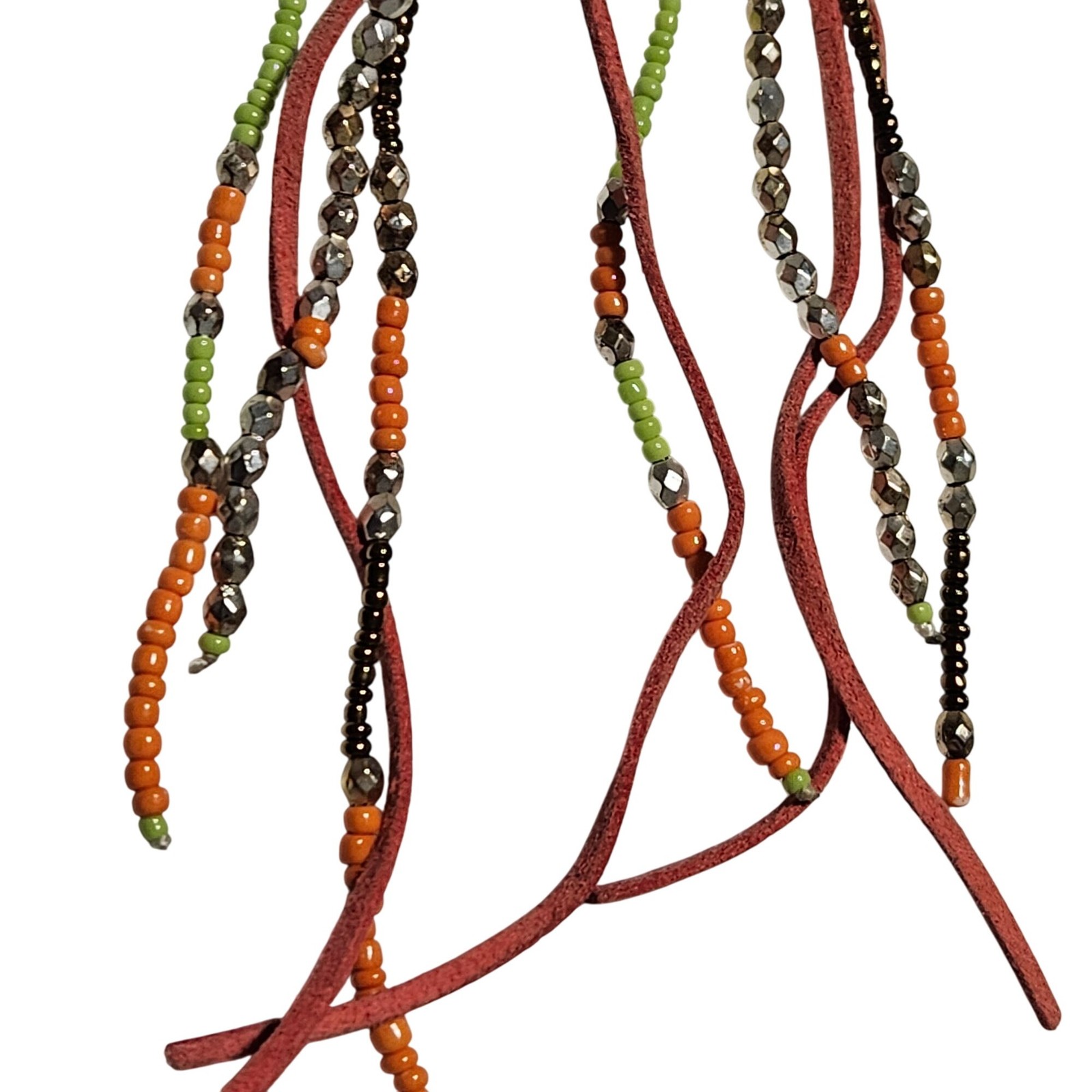Bohemian Beaded Orange Leather Tassel Necklace Retro 60s 70s Fashion Jewelry