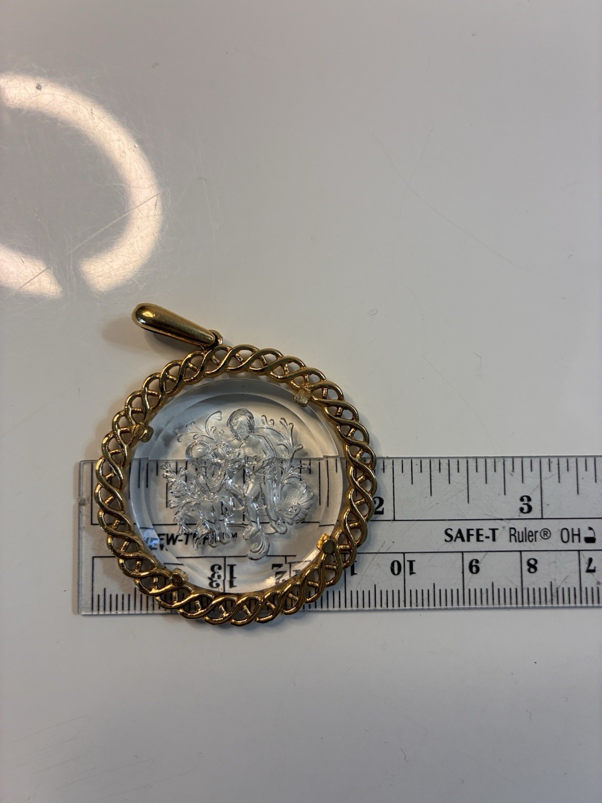 Trifari Gold Tone Round Clear Glass Intaglio Cameo Pendant, Signed