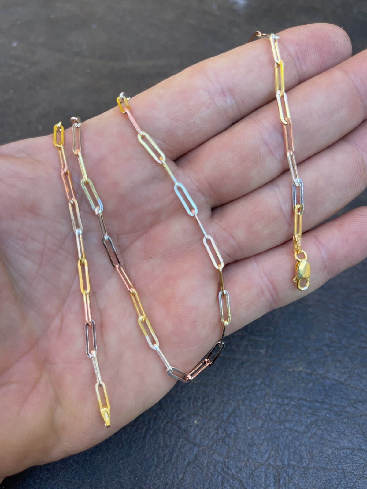 Real Paperclip Chain Necklace Tri Color Yellow Rose Gold Plated 925 Silver