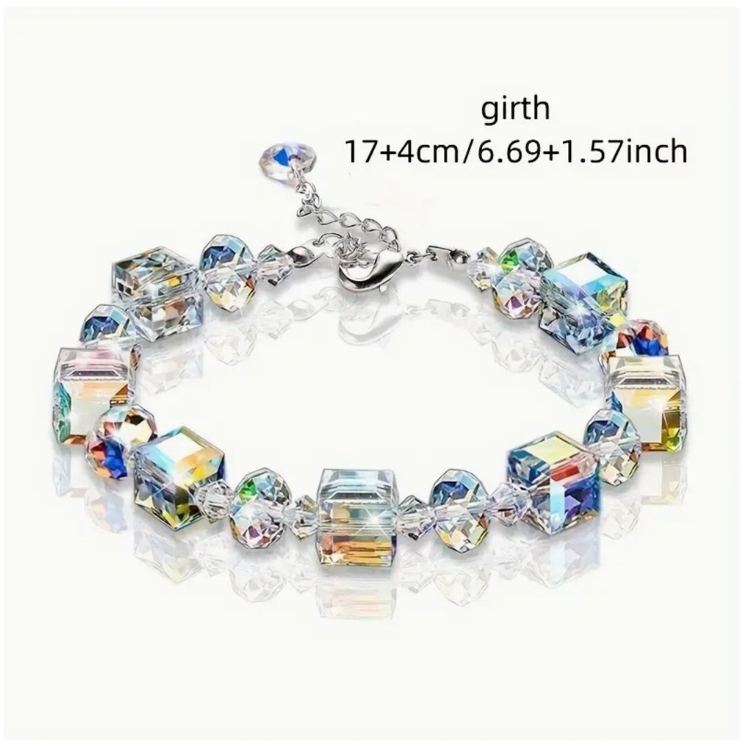 Stunning Iridescent Crystal Cube & Bead Bracelet Adjustable 6.69″+1.57″