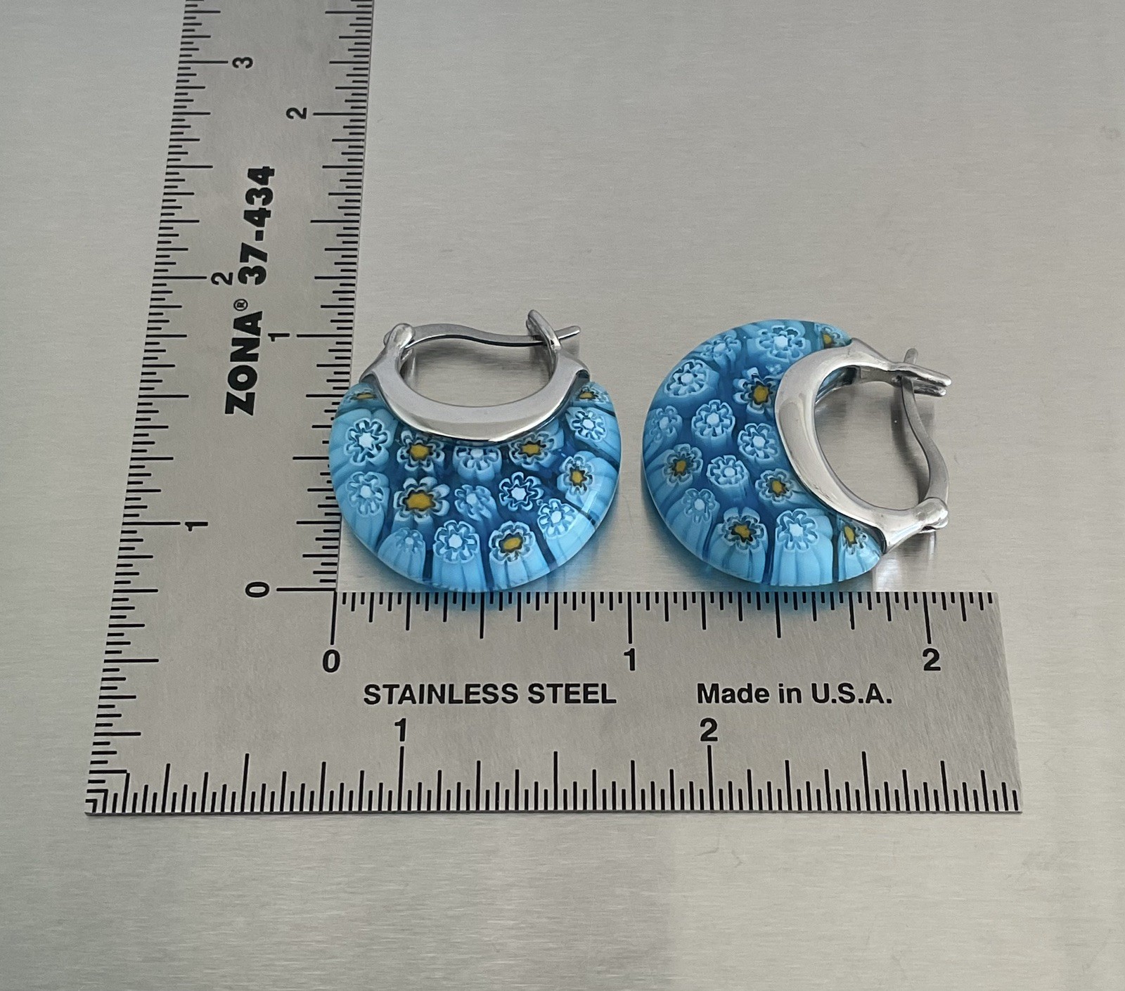 Blue Murano Millefiori Style Daisy Glass 1″ Hoop Earrings Stainless Steel