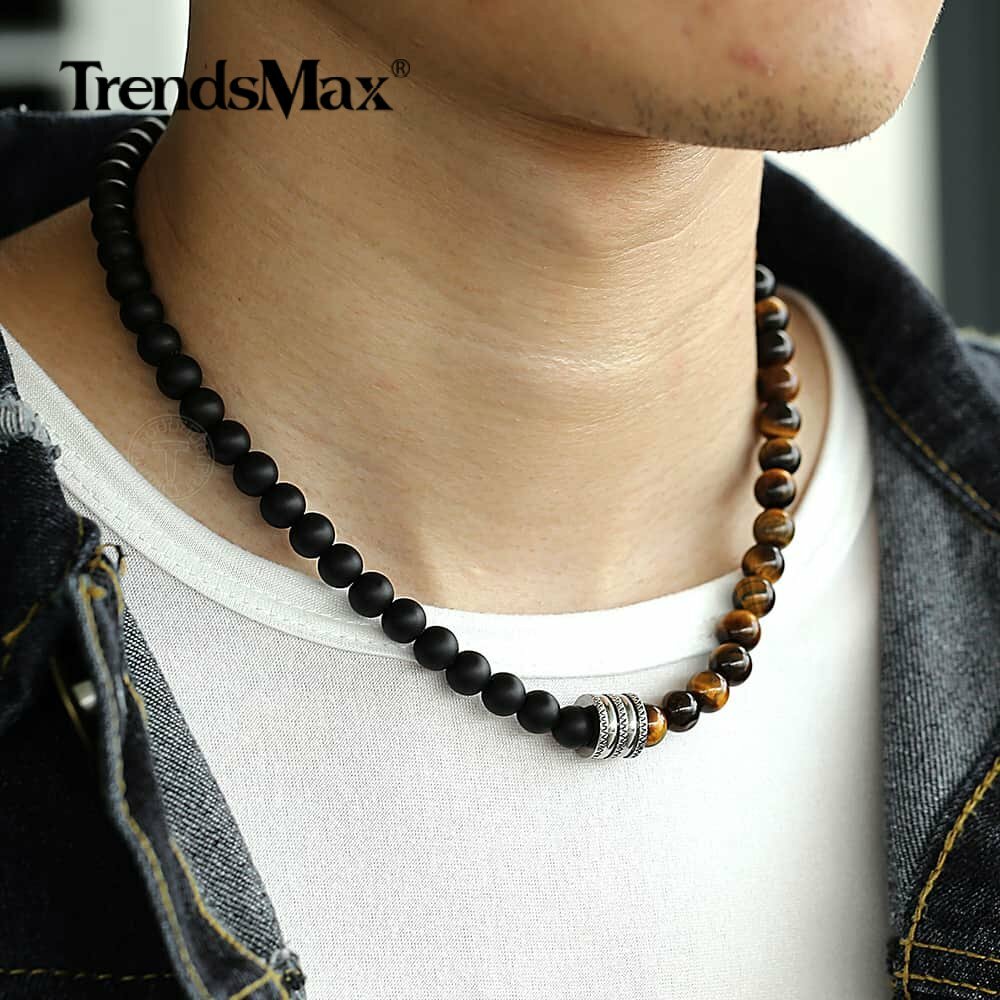 Natural Tiger Eyes Jasper Beaded Necklace for Unisex Stainless Steel Charm Xmas