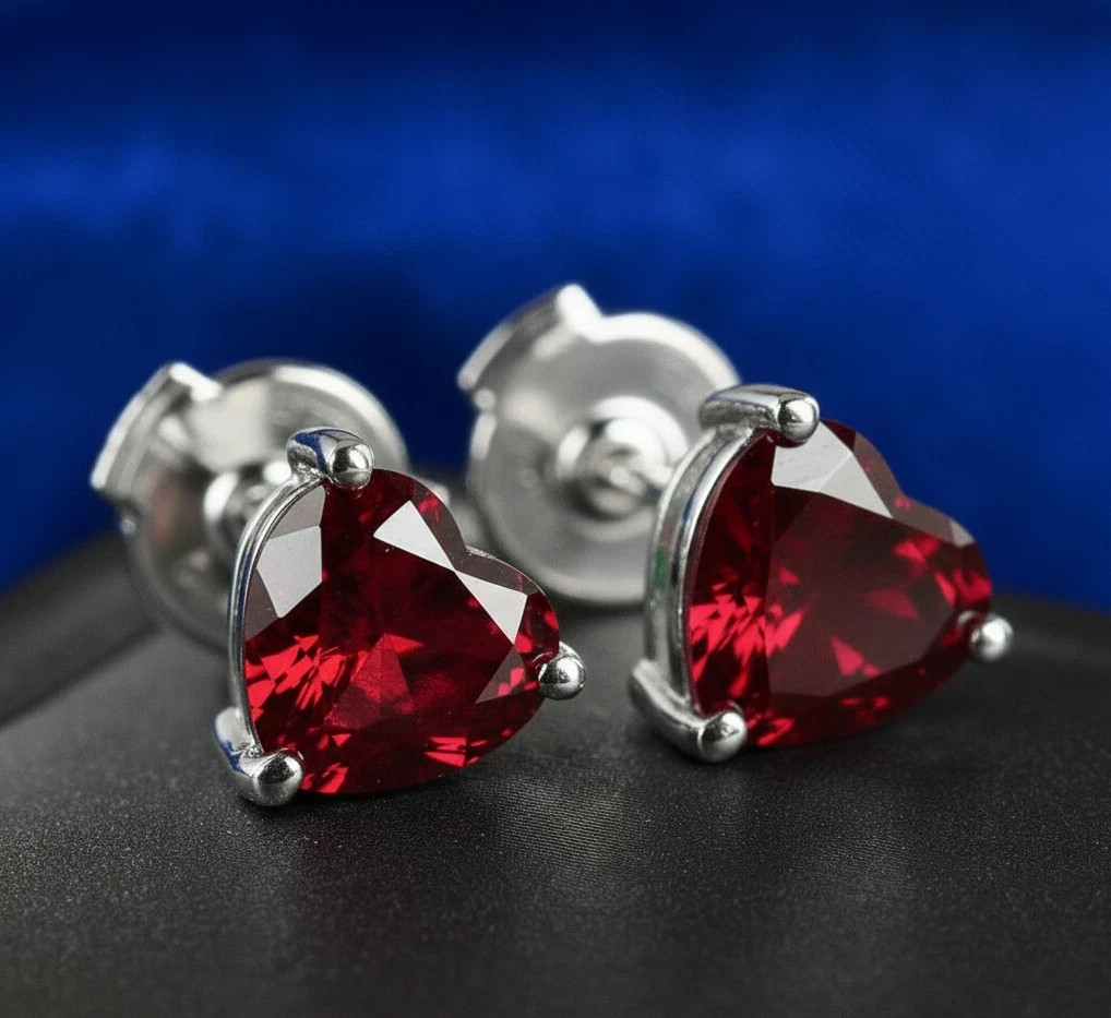 14K White Gold Plated 1.50Ct Simulated Heart Red Ruby Solitaire Stud Earrings