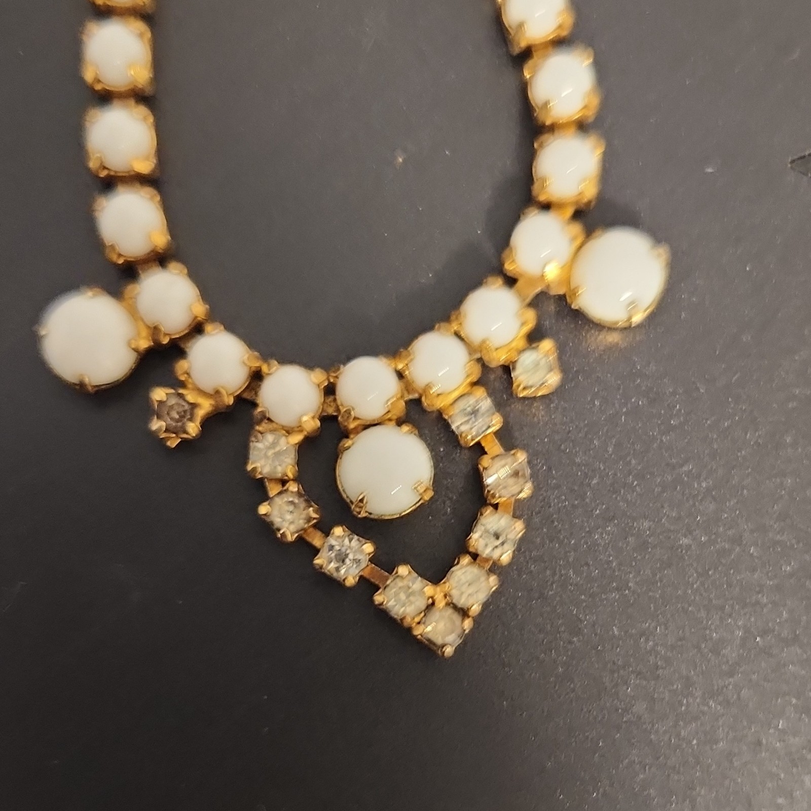 Vintage Gold Tone White Glass Round Prong Set Rhinestone Choker