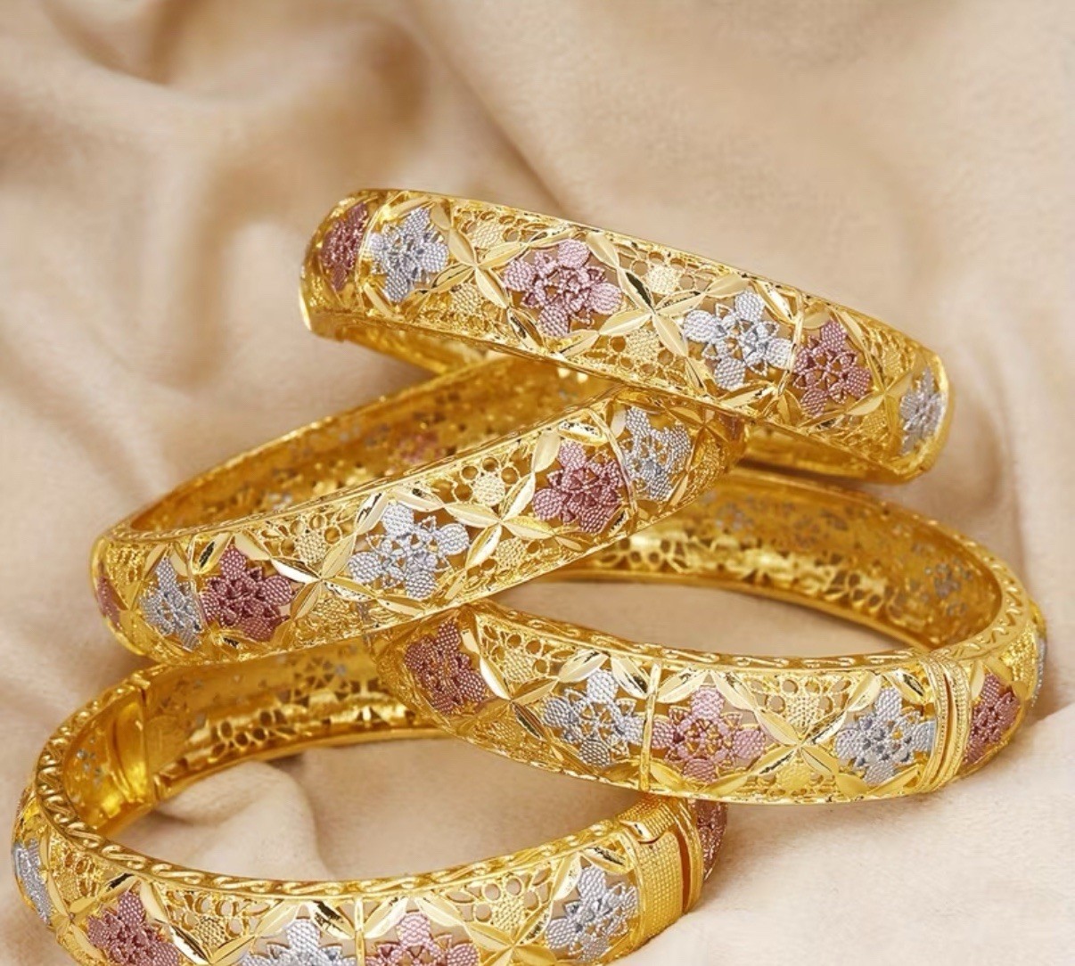 Award Winning Golden Plated Tri-Color Bohemian Bangle – Gold, Silver, Rose Gold