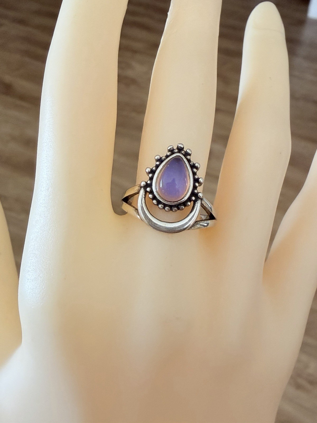 Sterling Silver Moon Teardrop Stone Mood Ring + Color Chart + Gift Box Size 6.5